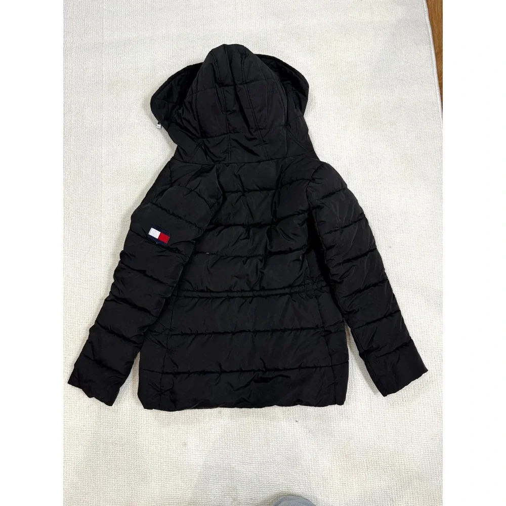 Tommy Hilfiger Puffer Jacket Womens Small Black Lined Hooded Logo Outdoor Zip Up